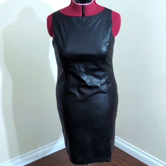Laurence Roy| Black Faux Leather Sleeveless Midi Dress With Slit Distressed - Picture 1 of 15